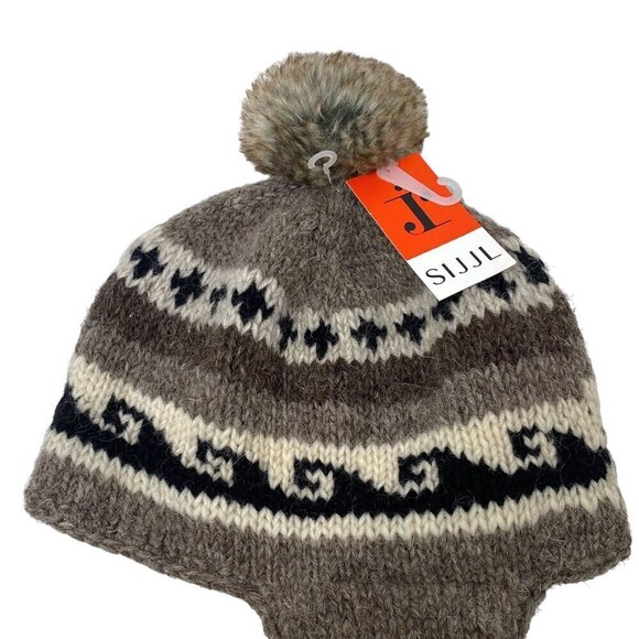 Nepal Wool Hat Brown Knit Ear Flaps with Pompoms Fleece Lined by Sijjl NWT - Picture 2 of 10
